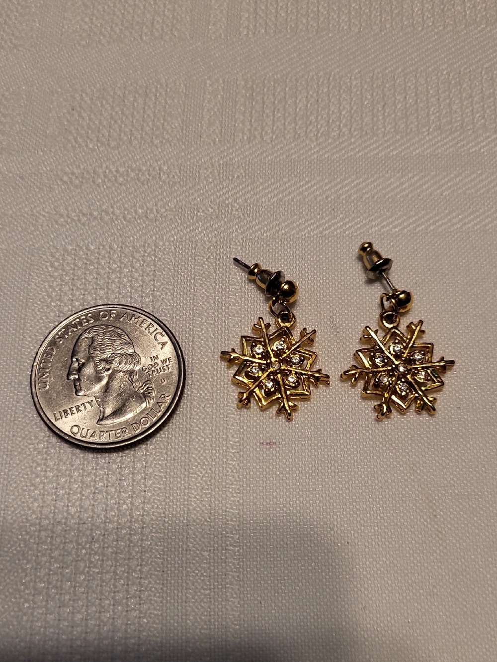 Earrings Gold Snowflake Dangles Rhinestones - Picture 2 of 3